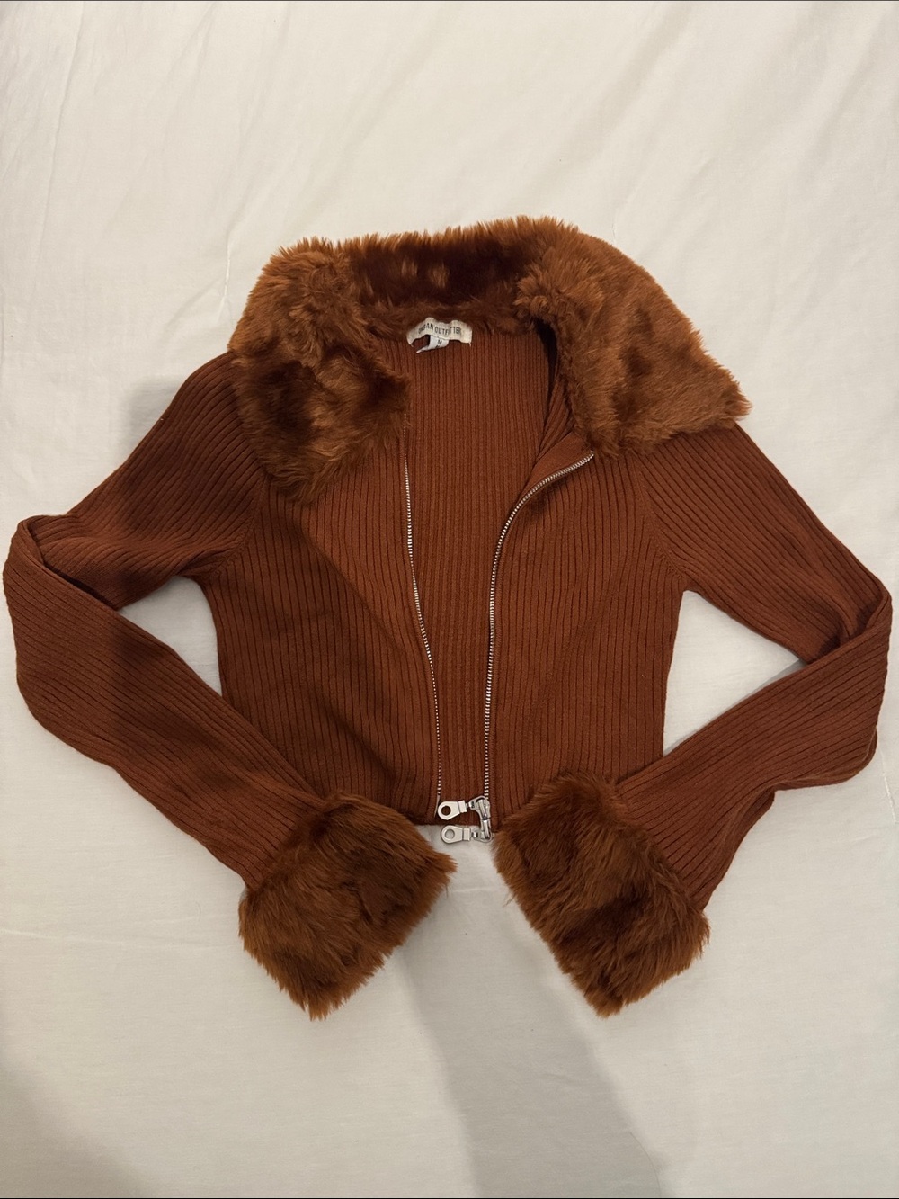 Urban Outfitters Rust Brown Teddy-Trim Ribbed Zip Jacket